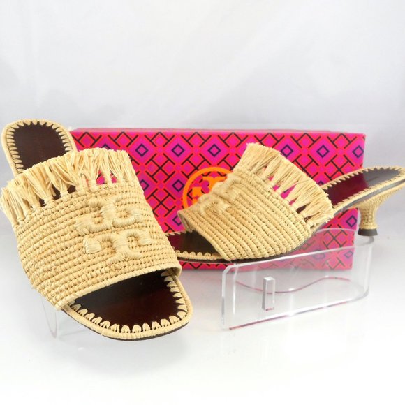 NIB $378 Tory Burch Eleanor Raffia Kitten-Heel Mules Double T Slip On Sandal 6.5 - Picture 6 of 11